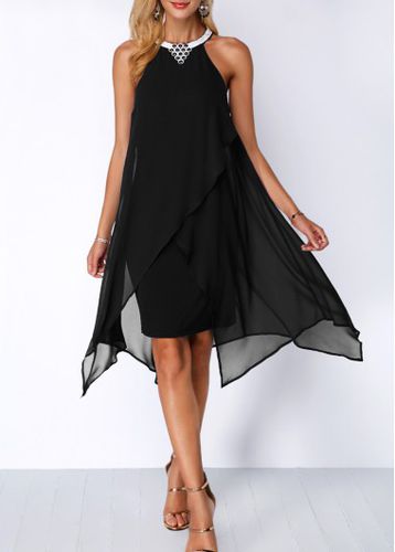 Embellished Neck Asymmetric Hem Black Chiffon Dress - unsigned - Modalova