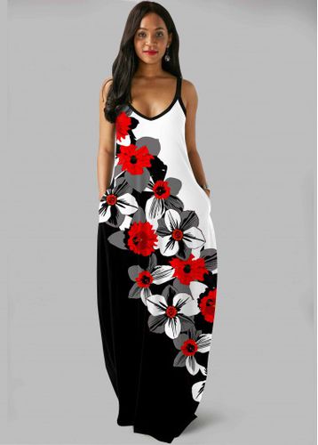 Color Block Floral Print Side Pocket Maxi Dress - unsigned - Modalova