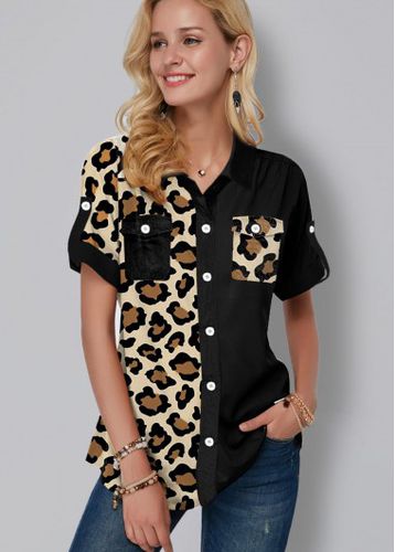Leopard Print Button Up Chest Pocket Blouse - unsigned - Modalova