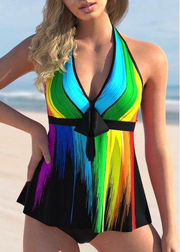 Rainbow Color Printed Bowknot Halter Tankini Set - unsigned - Modalova