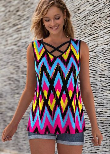 Colorful Geometric Print Cross Strap Tank Top - unsigned - Modalova