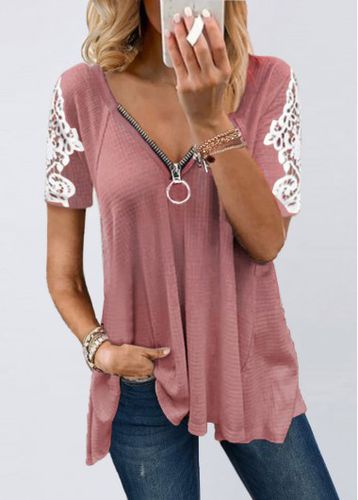 Lace Stitching V Neck Short Sleeve T Shirt - unsigned - Modalova
