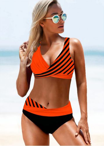 Lace Up Mid Waisted Striped Orange Bikini Set - unsigned - Modalova