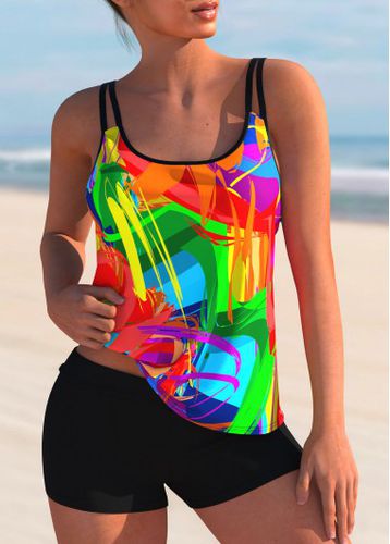 Rainbow Color Stroke Print Wide Strap Tankini Top - unsigned - Modalova