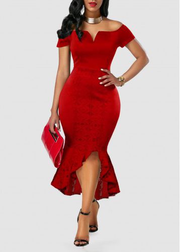 Off Shoulder Lace Stitching Red Mermaid Dress - unsigned - Modalova