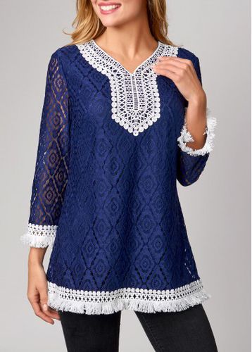 Lace Tassel 3/4 Sleeve Navy Blue T Shirt - unsigned - Modalova