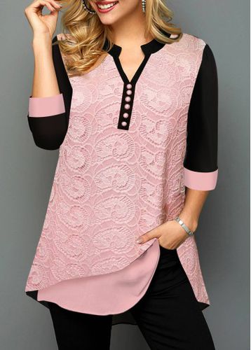 Valentines Paisley Lace Stitching Split Neck Pink Blouse - unsigned - Modalova