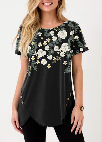 Black Floral Print Inclined Button T Shirt - unsigned - Modalova