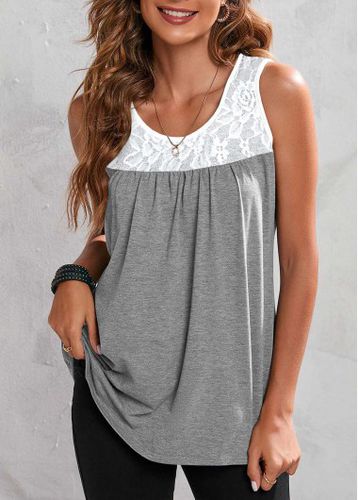 Lace Stitching Grey Marl Round Neck Tank Top - unsigned - Modalova