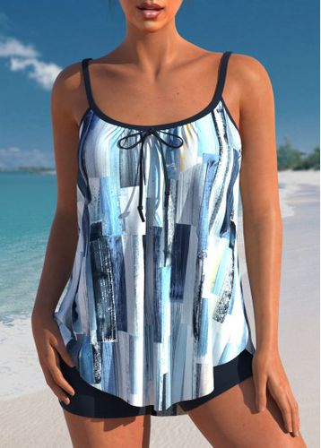 Geometric Print Bowknot Denim Blue Tankini Set - unsigned - Modalova