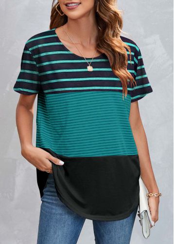 Round Neck Striped Green Short Sleeve T Shirt - unsigned - Modalova
