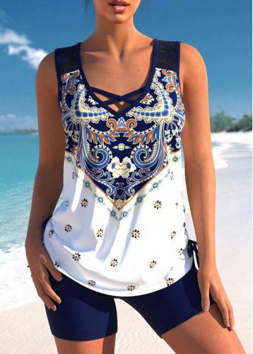 Tribal Print Navy Blue Cross Strap Tankini Set - unsigned - Modalova