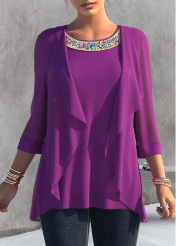 Purple Embellished Neck 3/4 Sleeve T Shirt - unsigned - Modalova