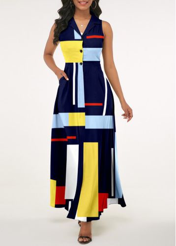 Geometric Print Navy Blue Notch Collar Dress - unsigned - Modalova