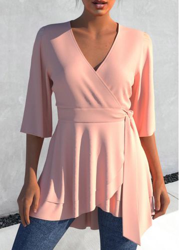 Layered Asymmetric Hem Light Pink Tie Side Blouse - unsigned - Modalova