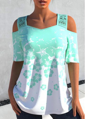 Lace Stitching Floral Print Ombre Cyan T Shirt - unsigned - Modalova