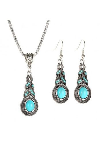 Turquoise Tribal Design Metal Detail Earrings and Necklace - unsigned - Modalova
