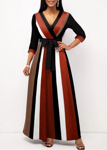 Dark Coffee Surplice Striped Belted Dress - unsigned - Modalova