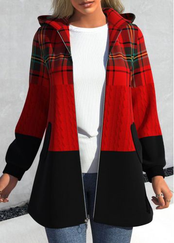 Red Zipper Plaid Long Sleeve Hooded Jacket - unsigned - Modalova