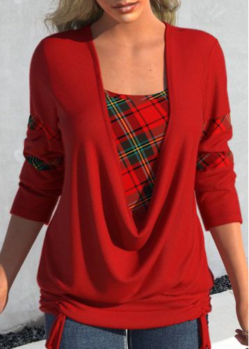 Red Drawstring Plaid Long Sleeve Square Neck Sweatshirt - unsigned - Modalova