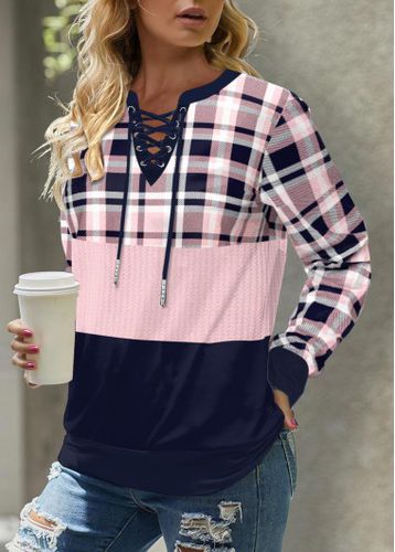 Light Pink Lace Up Plaid Long Sleeve Sweatshirt - unsigned - Modalova