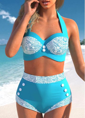 Paisley Print Cyan High Waisted Halter Bikini Set - unsigned - Modalova
