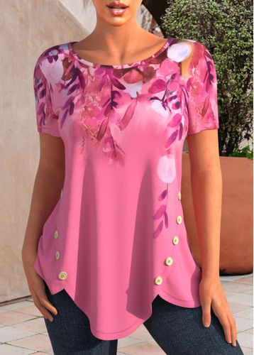 Decorative Button Floral Print Pink T Shirt - unsigned - Modalova