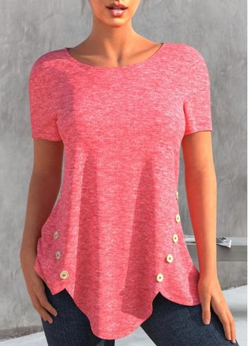 Decorative Button Round Neck Pink T Shirt - unsigned - Modalova