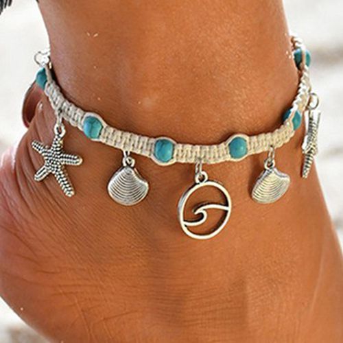 Turquoise Seashell Design Silver Metal Anklet - unsigned - Modalova