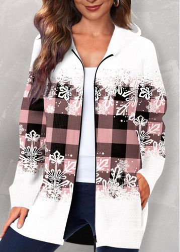 Pink Pocket Plaid Long Sleeve Hooded Coat - unsigned - Modalova