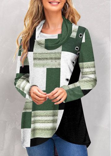 Green Patchwork Geometric Print Long Sleeve Sweatshirt - unsigned - Modalova