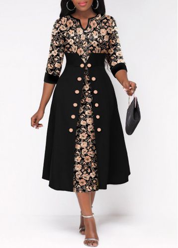 Black Split Neck Button Random Floral Print Dress - unsigned - Modalova