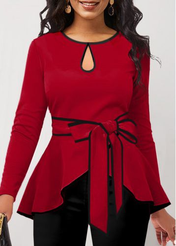 Red Contrast Binding Belted Long Sleeve T Shirt - unsigned - Modalova