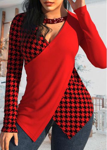 Red Patchwork Houndstooth Print Long Sleeve T Shirt - unsigned - Modalova