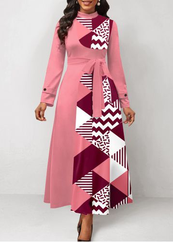 Pink Patchwork Geometric Print Belted Maxi Dress - unsigned - Modalova