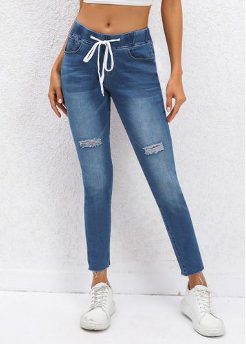 Dark Blue Pocket Skinny Drawastring Mid Waisted Jeans - unsigned - Modalova