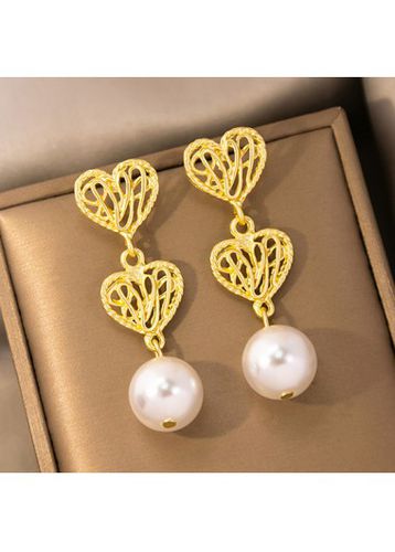 Gold Heart Shape Design Pearl Detail Earrings - unsigned - Modalova