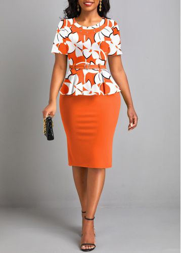 Orange Fake 2in1 Floral Print Belted Bodycon Dress - unsigned - Modalova