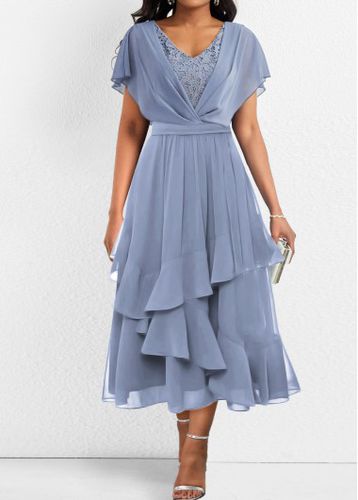 Dusty Blue Asymmetry Short Sleeve V Neck Dress - unsigned - Modalova