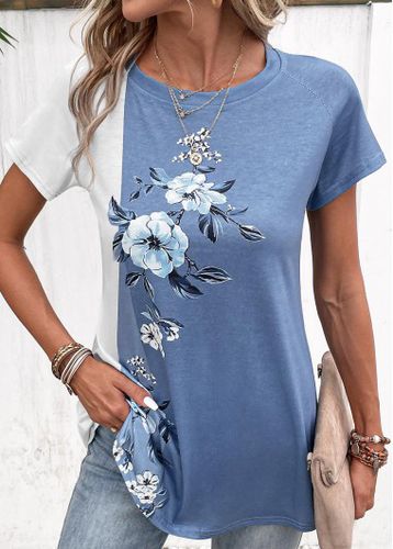 Dusty Blue Patchwork Floral Print T Shirt - unsigned - Modalova