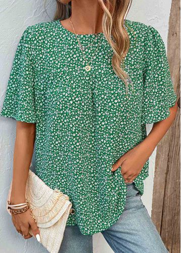 Green Button Ditsy Floral Print Short Sleeve Blouse - unsigned - Modalova