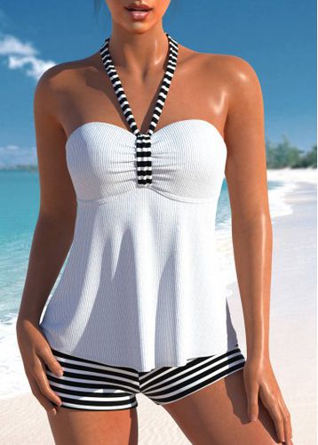 Drawstring High Waisted Striped White Tankini Set - unsigned - Modalova