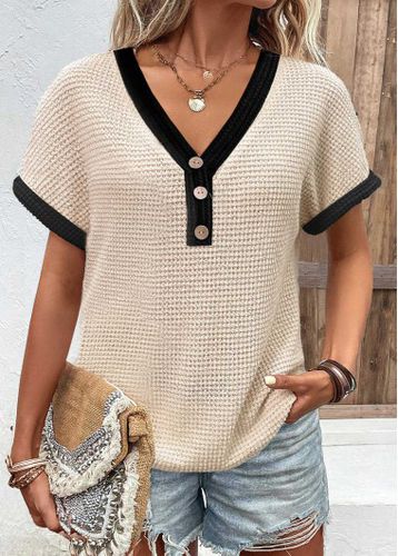 Beige Button Short Sleeve V Neck T Shirt - unsigned - Modalova