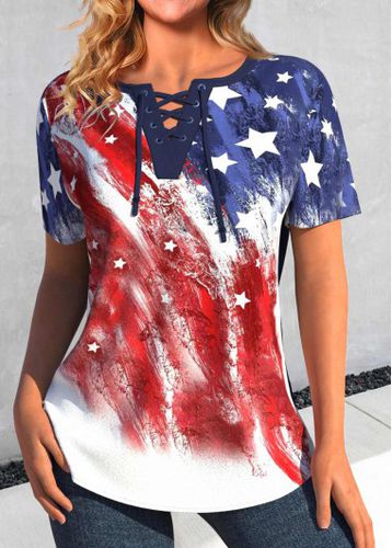 Multi Color Lace Up American Flag Print Blouse - unsigned - Modalova