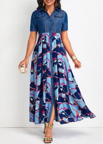Denim Blue Button Chain Print Maxi Dress - unsigned - Modalova