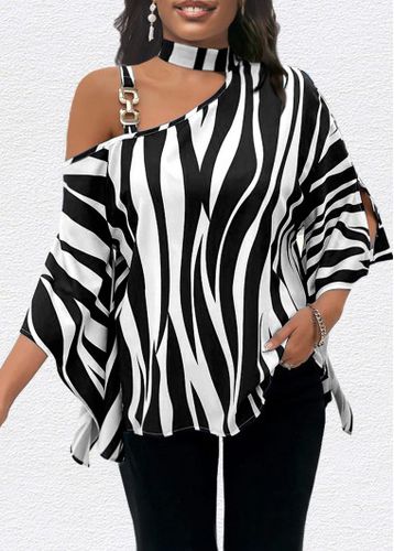Black Asymmetry Zebra Stripe Print T Shirt - unsigned - Modalova