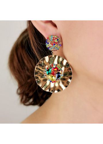 Gold Metal Round Multi Color Rhinestone Earrings - unsigned - Modalova
