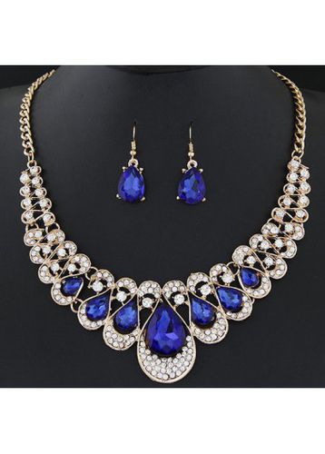 Dark Blue Teardrop Design Rhinestone Earrings and Necklace - unsigned - Modalova