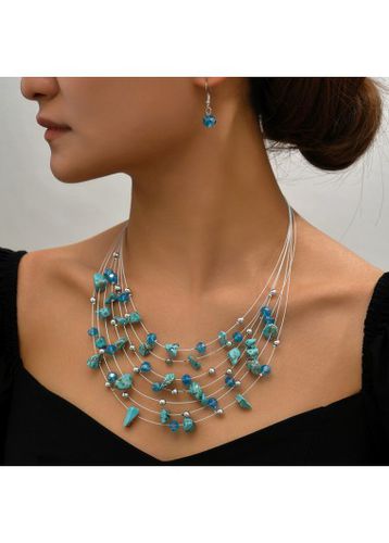 Layered Design Beads Blue Necklace and Earrings - unsigned - Modalova