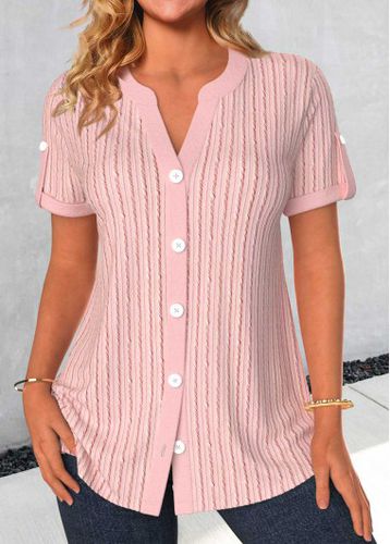 Light Pink Button Short Sleeve Split Neck Blouse - unsigned - Modalova